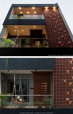 two pictures of the outside of a house with brick walls and balconies on each side