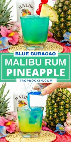 blue guacamole is being poured into a pineapple cocktail