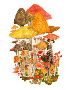 an illustration of a woman standing in front of many different types of mushrooms and plants