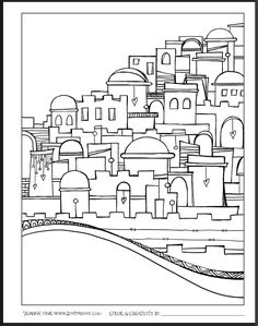 a black and white drawing of a city with lots of buildings on top of it