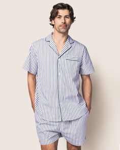 Now, our bestselling pajama styles are available as short sets for men! This Classic Short Set is accented with, contrast piping and finished with buttons. The fabric is made from 100% of the finest quality cotton. It is yarn-dyed to prevent fade and brushed for added softness making the sleepwear feel absolutely luxurious, getting cozier after each wash. You will be tucked in luxury and off to dreamland. Bonne nuit. Collared Cotton Sleepwear With Relaxed Fit, Relaxed Fit Cotton Sleepwear With Collar, Classic Relaxed Fit Sets For Home, Classic Relaxed Fit Home Sets, Cotton Collared Sleepwear For Lounging, Classic Summer Sleepwear, Cotton Sleepwear With Camp Collar For Loungewear, Collared Cotton Sleepwear For Lounging, Classic Summer Sleepwear For Loungewear