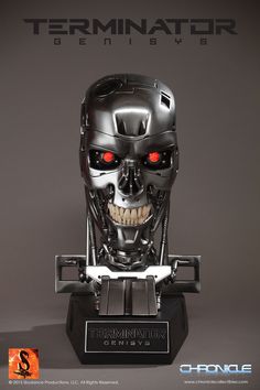 a robot head with red eyes on display