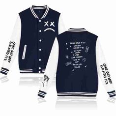 Singer Lil Peep Sad Face Baseball Blue White Varsity Bomber Wool Jacket at Leather Jacket Black. White Varsity Jacket, Knight Outfit, Celebrities Leather Jacket, Squad Outfits, Shearling Jacket Women, Hunter Outfit, Best Leather Jackets, Distressed Jacket, Slim Fit Jackets