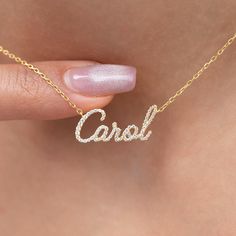 This 14k personalized diamond name necklace is the perfect gift for the bridal party, someone special, or yourself. How to order 1- Pick the fonts you like and send us a message 2- We will send you a picture of your name with the fonts you chose 3- If you like it any of them, place your order. 4- We send a final 3d mock up for approval. 5- Once approved we go ahead and finish your necklace. __________________________________________ M A T E R I A L & L E N G T H Available in 14k Yellow Gold, 14k Customizable Rose Gold Name Necklace For Wedding, Customizable Classic Name Necklace For Birthday, Signature Name Necklace For Mother's Day Anniversary, Elegant Custom Text Name Necklace For Mother's Day, Elegant Custom Text Nameplate Necklace, Anniversary Nameplate Necklace With Names, Custom Nameplate Necklace For Wedding, Elegant Anniversary Name Necklace With Custom Text, Elegant Custom Text Name Necklace For Anniversary