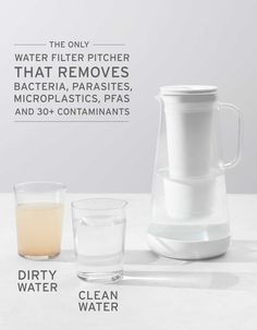 an image of a pitcher and two glasses next to each other with the words dirty water on it