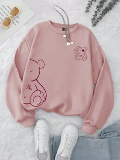 Cartoon Graphic Thermal Lined Sweatshirt,Long Sleeve Tops Pink Casual  Long Sleeve Knitted Fabric Cartoon Pullovers Non-Stretch  Women Clothing, size features are:Bust: ,Length: ,Sleeve Length: Stylish Hoodies, Cute Dress Outfits, Quick Outfits, Easy Trendy Outfits, Round Neck Sweatshirts, Simple Trendy Outfits, Print Style, Really Cute Outfits, Casual Style Outfits