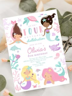 a birthday card with two mermaids on it and the words, an one hour celebration for