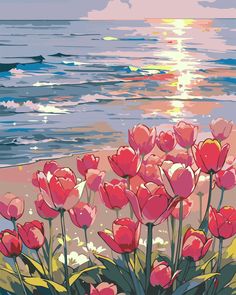 a painting of pink tulips on the beach by the ocean with sunset in the background