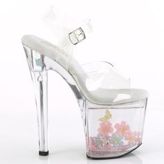 8" High Heel, 3 3/4" Platform Clear Butterfly Glitter Shoes. Bottom Infused With Flowing Liquid. Floating Holographic Glitter Hearts, Pink Flowers And Butterflies. Hcne-708aqua-01