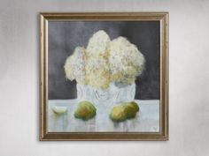 a painting of broccoli and pears in a white vase on a table