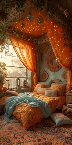 a bedroom with an orange canopy bed and lots of lights on the ceiling above it