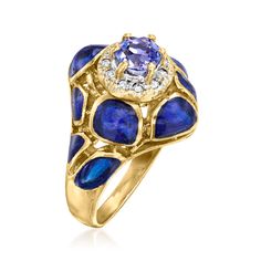 Ross-Simons - C. 1980 Vintage .50ct Tanzanite, Blue Enamel Ring, .12ct t. w. Diamonds. Size 6.25. C. 1980. Here's a cocktail ring bound to take your breath away! A very special addition to our Estate collection, the eye-catching design presents a .50 carat round tanzanite, haloed by .12 ct. t. w. round diamonds in 18kt white gold, inside a contemporary band comprised of bright blue enamel spots. Crafted in 18kt yellow gold. 5/8" wide. Blue enamel and tanzanite cocktail ring. Exclusive, one-of-a- Fine Jewelry Blue Enamel Anniversary Ring, Fine Jewelry Enamel Ring With 17 Jewels For Anniversary, Fine Jewelry Enamel Multi-stone Ring For Anniversary, Tanzanite Jewelry, Enamel Ring, Gem Stone, Cocktail Ring, Cocktail Rings, Estate Jewelry