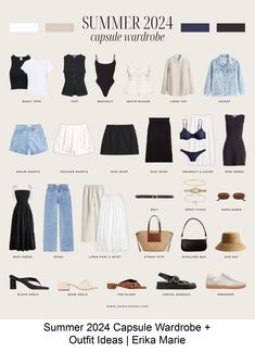 Summer 2024 capsule wardrobe with classic clothing pieces to wear all season long, plus 5 staples and 20 outfit ideas. Summer Staples 2024, Classic Chic Style, Classic Capsule Wardrobe, Summer Holiday Outfits, Capsule Wardrobe Outfits, Everyday Fashion Outfits, Outfit Plan, Classic Wardrobe, Capsule Outfits