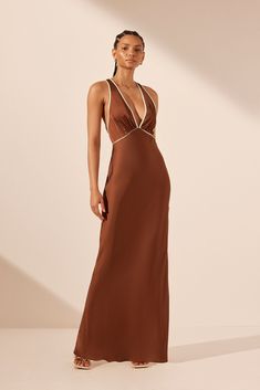 Belkis Contrast Plunged Cross Back Maxi Dress | Chocolate/Ivory | Dresses | Shona Joy Beach Bridesmaid Dresses, Dress Guide, Shona Joy, Maxi Dress Online, Ivory Dresses, Grad Dresses, Midi Length Skirts, Contrast Piping, Matte Satin