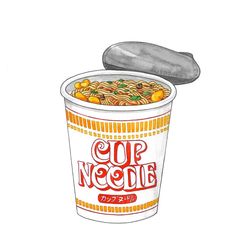 a drawing of a cup of noodles with a spoon