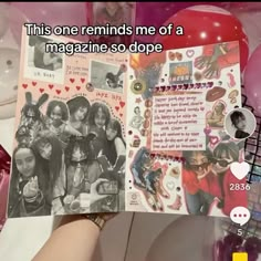 someone is holding up a magazine with pictures on it and some balloons in the background