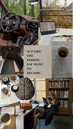 a collage of photos with books, papers and laptops on the table in front of them