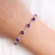 "Amethyst Bracelet, 925 Solid Sterling Silver Bracelet, Handmade Bracelet, February Birthstone, Minimalist Crystal Bracelet, Boho Jewellery Gemstone Name - Amethyst  Stone Quality - AAA Weight - 5.84  gm Stone Length - 0.6 cm  Stone Width - 0.6 cm  Length - 6 inch to 9 inch sizes are available, we give 0.5 inch adjustable in the size which you order ( NOTE - 0.5 INCH ADJUSTABLE IS INCLUDED IN YOUR ORDERED SIZE ) Stone Shape - As shown in the picture You'll get the exact product as shown in the p Adjustable Sterling Silver Amethyst Gemstone Bracelet, Round Gemstone Beaded Bracelets, Sterling Silver Amethyst Bracelet With Gemstone, Purple Sterling Silver Round Bracelets, Purple Sterling Silver Round Bracelet, Adjustable Sterling Silver Bracelet With Stones, Adjustable Gemstone Chain Bracelet With Round Shape, Adjustable Gemstone Chain Bracelet, Purple Sterling Silver Bracelet With Gemstone