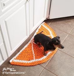 a black and brown dog standing on top of a crocheted rug in a kitchen