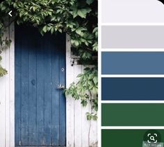 a blue door surrounded by greenery in front of a white building with green doors