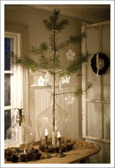 a small pine tree in a glass vase on a table with candles and other decorations