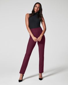 This smoothing pant comes in our premium ponte fabric with targeted compression built in, powered by SPANX CoreSure Tech™. With comfortable 4-way stretch and a high rise waist, this slim straight pant will have you feeling smooth from tummy to thigh, and oh-so-comfortable throughout the leg. No zippers, no buttons, and no pockets (so no bulk!) at the hips—all for the ultimate smoothing effect. | Spanx Women's SPANXsmooth PerfectFit Ponte Slim Straight Pant Straight Leg Pants Outfit, Outfit Petite, Interview Outfits, Slim Straight Pants, Work Pants Women, Fall Photo, Deep Winter, Ponte Fabric, Perfect Pant