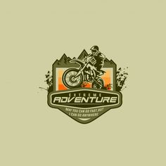 the logo for extreme adventure is shown on a green and orange background with an image of a man riding a dirt bike