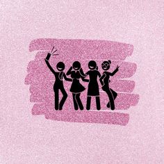 the silhouettes of three women are standing in front of a pink background with glitter