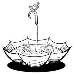 a drawing of an umbrella with two birds on it and water in the bowl below