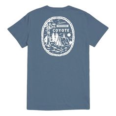 (1) Organic Summer Camp Tee Slate – Coyote Provisions Blue Screen Print Tops For Outdoor Activities, Blue Tops With Screen Print For Outdoor Activities, Blue Screen Printed Tops For Outdoor Activities, Blue Outdoor Tops With Screen Print, Blue Crew Neck Top For Camping, Blue Cotton Tops For Camping, Blue Cotton T-shirt For Outdoor Activities, Summer Graphic Tee For Camping, Blue Relaxed Fit T-shirt For Outdoor Activities