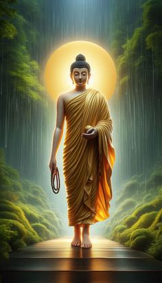 the buddha is walking in the rain with an open umbrella over his head and hands