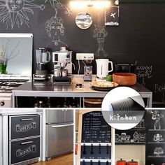 the kitchen is decorated with chalkboard drawings on the wall and appliances in the cupboards