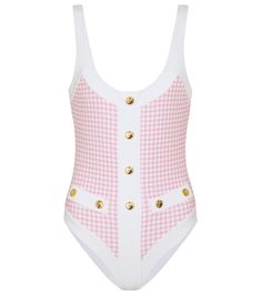 Summer Beachwear Swimwear With Button Closure, Summer Beach Swimwear With Button Closure, Caroline Constas, Beach Bar, Together We Can, Pink And White, Low Cut, Scoop Neckline, Gingham