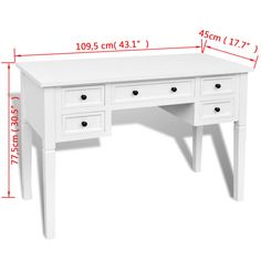 a white desk with three drawers and measurements