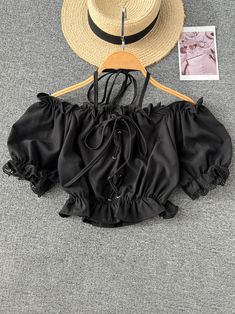 Chiffon Casual Blouse Women Elastic Waist Ruffled Off Black Chiffon Blouse For Summer, Black Ruffled Crop Top For Party, Black Ruffled Crop Top For Summer, Spring Ruffled Short Sleeve Crop Top, Casual V-neck Crop Top With Ruffles, Black Chiffon Blouse With Ruffles, Cottagecore Tops With Ruffled Collar, Spring Ruffled Off-shoulder Top With Short Sleeves, Cottagecore Ruffled Short Sleeve Tops