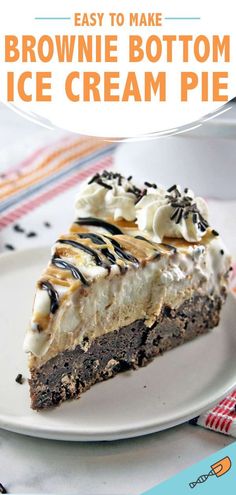 a slice of brownie bottom ice cream pie on a plate with the title above it