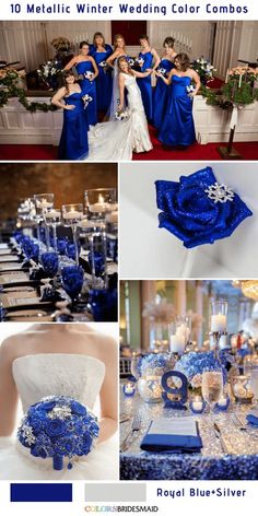 blue and white wedding color scheme for the bride's gowns, flowers, and bouquets