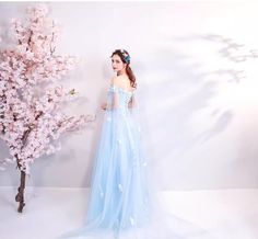 Blue Butterfly Off the Shoulder Prom Dress Long Shawl Sleeves Princess Birthday Gown Evening Party Off The Shoulder Prom Dress, Birthday Gown, Prom Dress Long, Long Shawl, Princess Birthday, Blue Butterfly, Evening Party, Prom Dresses Long, Dress Long