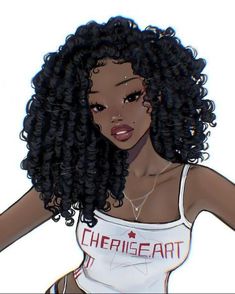 a drawing of a woman with curly hair wearing a white tank top and red lettering on her chest