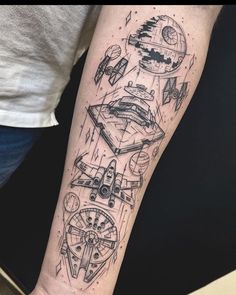 Looking for some inspiration for your next tattoo? Check out these unique and creative designs that will make a statement! 💉 #tattoo #inked #bodyart #tattooinspiration #tattoodesign #tattooideas #tattooartist #tattooart #tattooaddict #tattooedlife Men’s Star Wars Tattoo, Simplistic Star Wars Tattoo, At At Tattoo Star Wars, Mase Tattoos, Star Wars Chopper Tattoo, Mini Star Wars Tattoos, Starwars Couple Tattoos, Star Wars Chest Tattoo, Star Wars Arm Tattoo