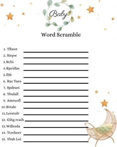 the baby word scramble is shown with stars and leaves on it, as well as an empty