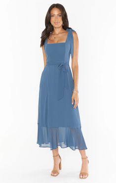 Check out Claire Midi Dress. Get $10 off + free shipping with Club Mumu. Tea Length Bridesmaid Dress, Slate Blue Bridesmaid Dresses, Steel Blue Bridesmaid Dresses, Light Blue Midi Dress, Blue Wedding Guest Dresses, Maternity Dress Outfits, Dusty Blue Dress, Flowy Midi Skirt, Tea Length Bridesmaid Dresses