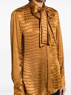 Versace croc-effect scarf-tie Shirt - Farfetch Luxury Brown Formal Tops, Elegant Brown Business Tops, Elegant Brown Business Top, Designer Silk Blouse For Fall, Elegant Brown Silk Blouse, Silk Business Blouse For Fall, Elegant Brown Formal Blouse, Elegant Formal Brown Blouse, Designer Tie Neck Blouse