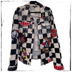 Checker board punk rock patched jacket men's size large Alternative Graphic Print Outerwear, Punk Biker Jacket With Graphic Print, Punk Graphic Print Outerwear For Alternative Fashion, Punk Style Biker Jacket With Graphic Print, Punk Patchwork Outerwear For Streetwear, Punk Biker Jacket With Graphic Print For Winter, Grunge Winter Outerwear With Patches, Punk Style Long-sleeve Outerwear With Patches, Winter Grunge Outerwear With Patches