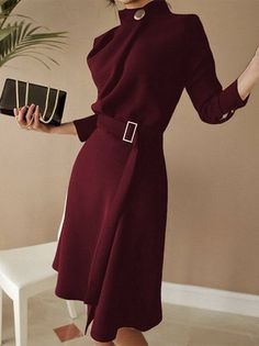 Stand Neck, Elegant Midi Dresses, Split Dress, Dresses Elegant, Professional Dresses, Long Sleeve Midi, Long Sleeve Midi Dress, Types Of Dresses, Celebrity Dresses