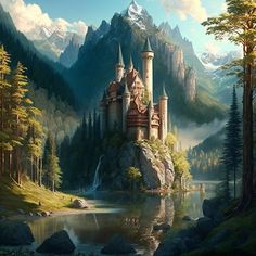 a painting of a castle in the middle of a forest with mountains and trees around it