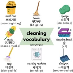 a poster with words and pictures on it that say cleaning vocabilary in different languages