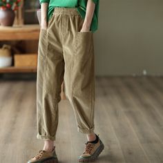 Sku CY-!120022 Material Corduroy Style Retro Feature Solid Color Neckline / Occasion Going out , Casual , Vintage Seasons Spring, Autumn, Winter Type Pants Color Khaka, Caramel, Brown, Army Green, Black Size M, L Size Chart: Please consult the size chart we provide for this item's measurements to help you decide which size to buy. Please note: There may be 1-3cm differ due to manual measurement. CM Waist Hip Thigh Length M 68-112 112 66 91 L 70-114 114 68 92 Vintage Harem Pants, Winter Coat Short, Overcoat Men, Linen Bottoms, Sleeveless Long Dress, Linen Jumpsuit, Suits For Sale, Spring Fabric, Linen Maxi Dress