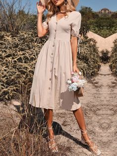 Dresses Dress With Hat Outfit, Dress With Hat, Tie Sleeve Dress, Causal Dresses, Modest Clothes, Cotton Linen Dresses, A Line Shorts, Woman Weaving, Short Sleeve Pattern