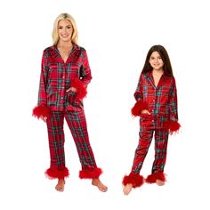 Beautiful, bougee, and super soft! These are the PERFECT holiday pjs for women, teens and girls! Whether you're relishing a Momma & Me Holiday pajama party or just want to go super glam for the evening, these pjs are the vibe! Beautiful satin plaid button down pj top with matching pull-on satin pjs with elastic waist. Cuffs and ankles finished off with a festive faux-fur accent. 95% polyester 5% spandex Available in two beautiful holiday plaid patterns/colors. Available in women's sizes: S-2XL ( Red Matching Sleepwear For Holidays, Red Matching Winter Sleepwear, Red Matching Sleepwear For Winter, Winter Matching Sleepwear For Home, Matching Winter Pajama Party Sets, Matching Winter Sets For Pajama Party, Matching Winter Sleepwear For Home, Matching Sets For Pajama Party In Winter, Winter Matching Sleepwear For Loungewear